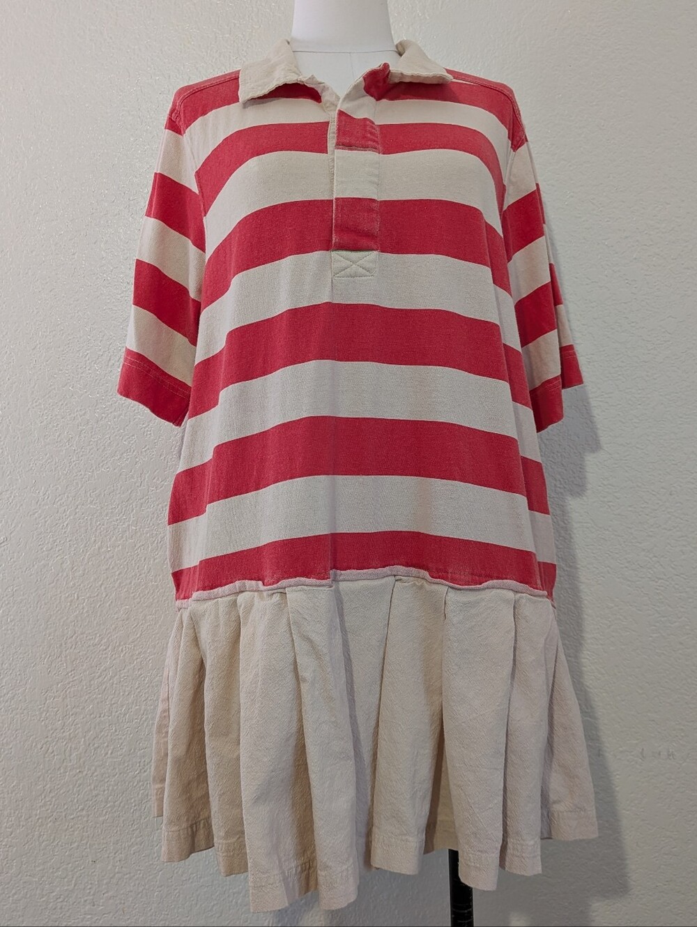Free People Atelier Midi Red and Cream Striped Polo Dress Size Large